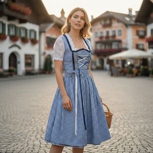 Gaudi Leathers 40 US 8 Dirndl Dress Blue Gingham Lace Up Oktoberfest Pocket